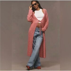 MAEVE x ANTHROPOLOGIE Long Front-Tie Popcorn Crochet Duster Cardigan Sweater OS